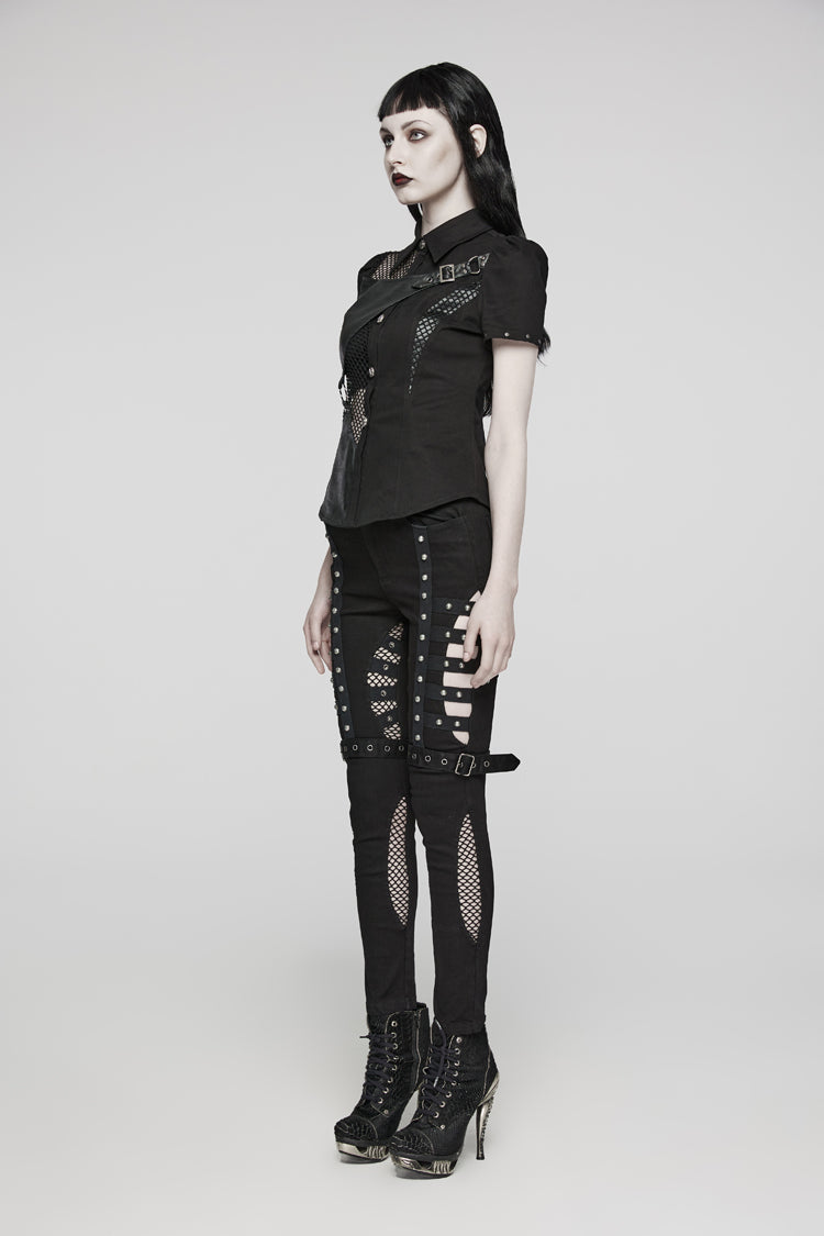 Black Twill Woven Short Sleeves Hollow Leather Stitching Womens Steampunk Blouse - Product - 3
