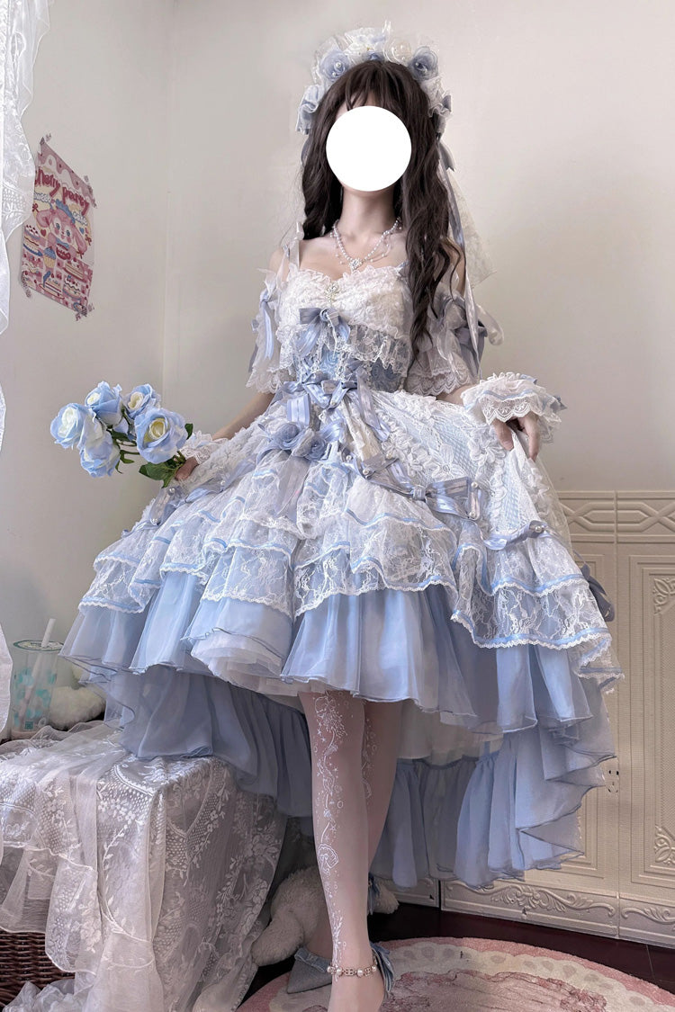 Blue [Diane Rose] Short Sleeves Multi-Layered Jacquard Ruffle Hanayome Cardigan Bowknot Lace Sweet Lolita Dress - Product - 11