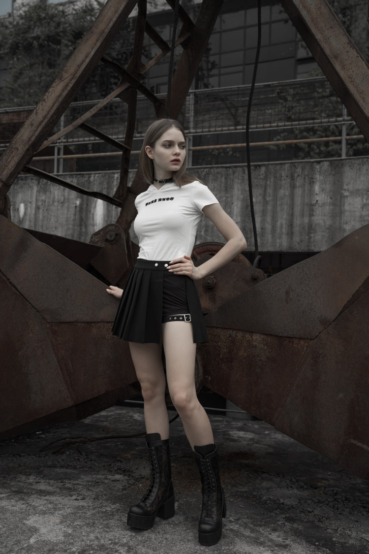 Black Fake Two Pieces Side Metal Buckle Women's Punk Skirt - Product - 3