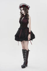 Black/Red Off Shoulder Double-Layered Embroidered Lace Lace-Up Slim Women's Gothic Vest - Product - 3