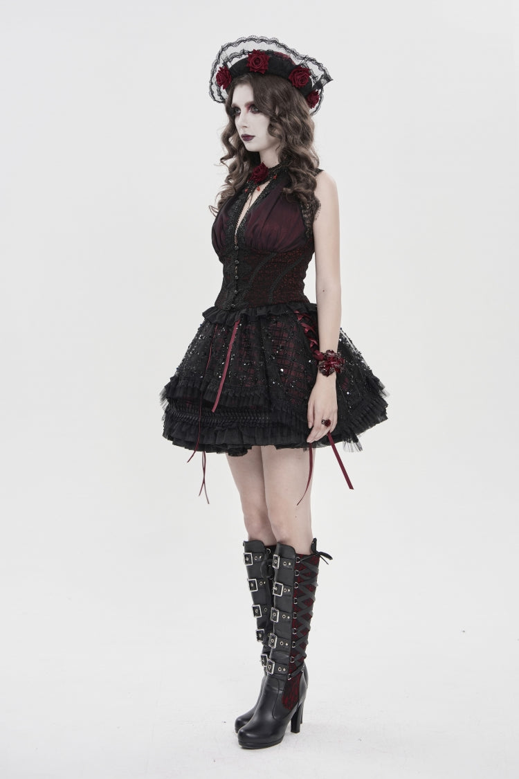 Black/Red Off Shoulder Double-Layered Embroidered Lace Lace-Up Slim Women's Gothic Vest - Product - 3