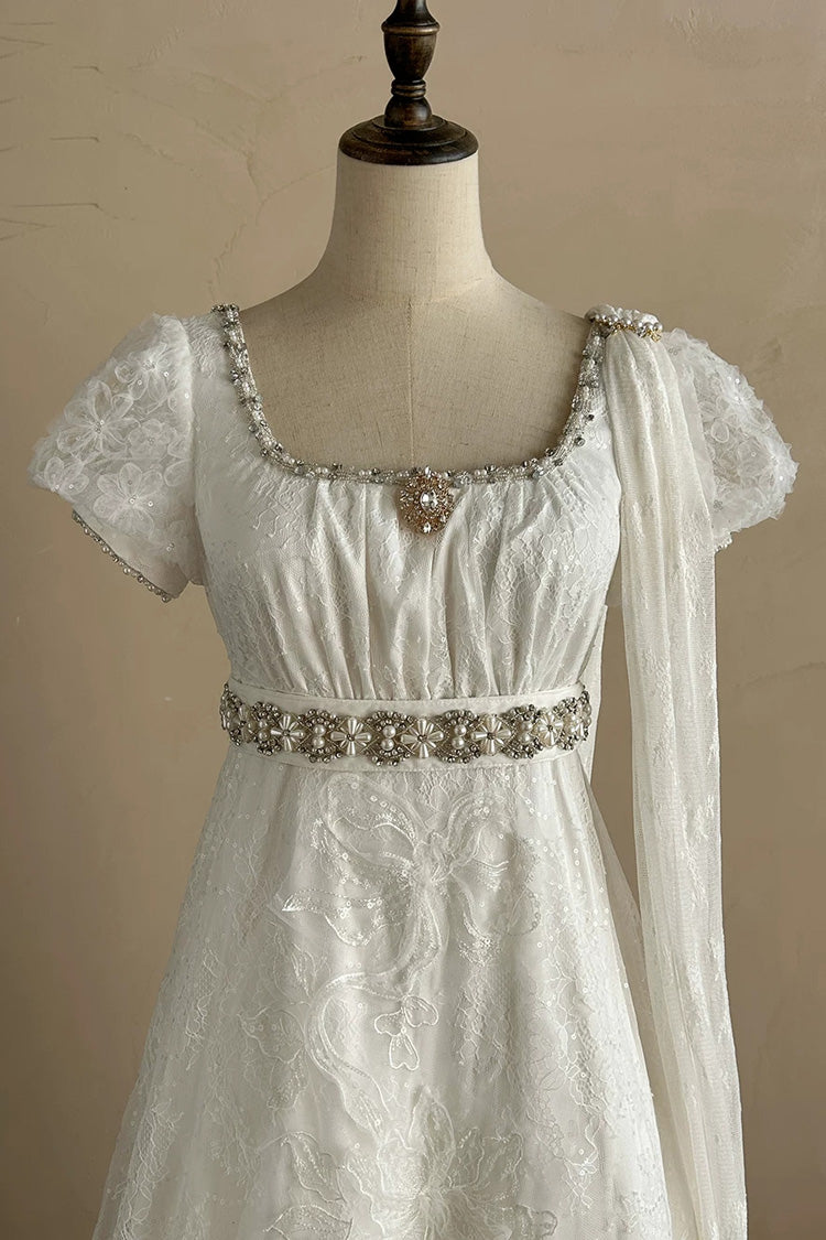 White Square Collar Short Sleeves Jacquard Wedding Style Lace Pearl Detail Vintage Elegant Luxurious Lolita Dress - Product - 10