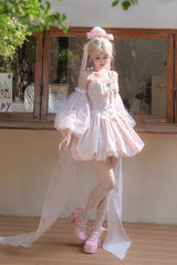 Pink [The Runaway Princess] Sleeveless Ruffle Bowknot Lace-Up Sweet Lolita Jsk Tulip Dress Set - Product - 11