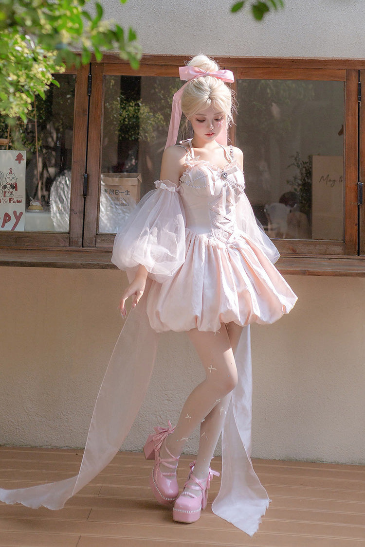 Pink [The Runaway Princess] Sleeveless Ruffle Bowknot Lace-Up Sweet Lolita Jsk Tulip Dress Set - Product - 11