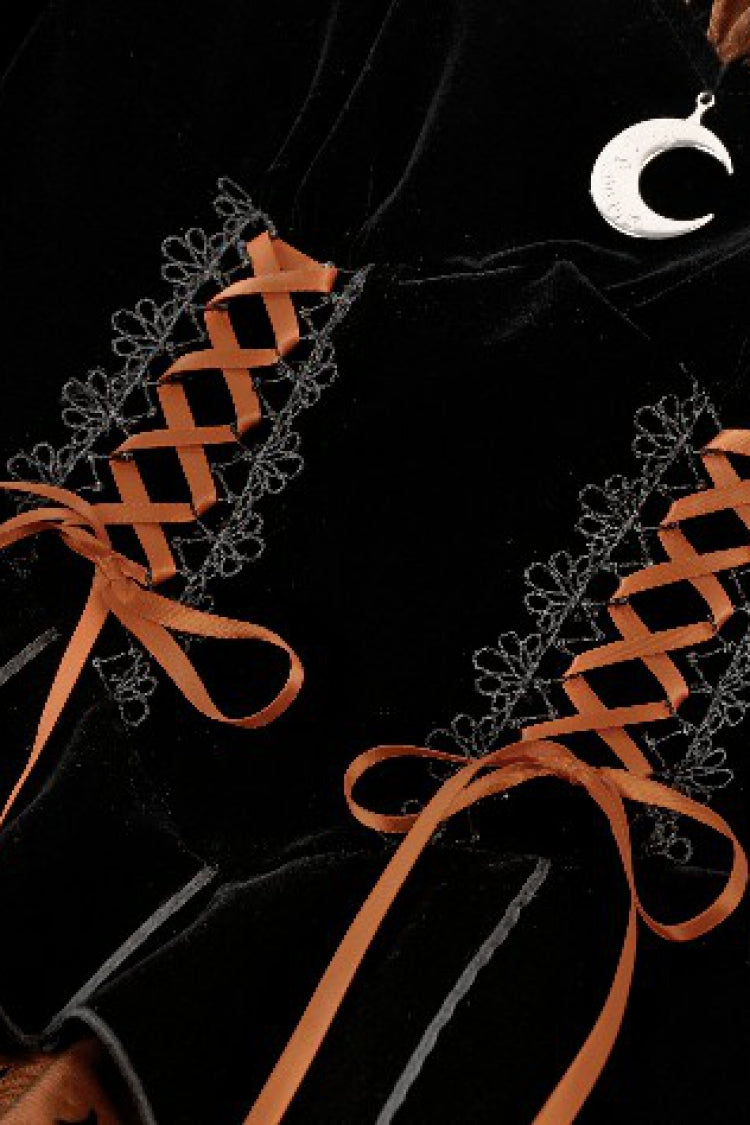 Black/Orange Square Collar Long Sleeves Bat Printed Lace-Up Women's Gothic Pumpkin Halloween Dress - Product - 13