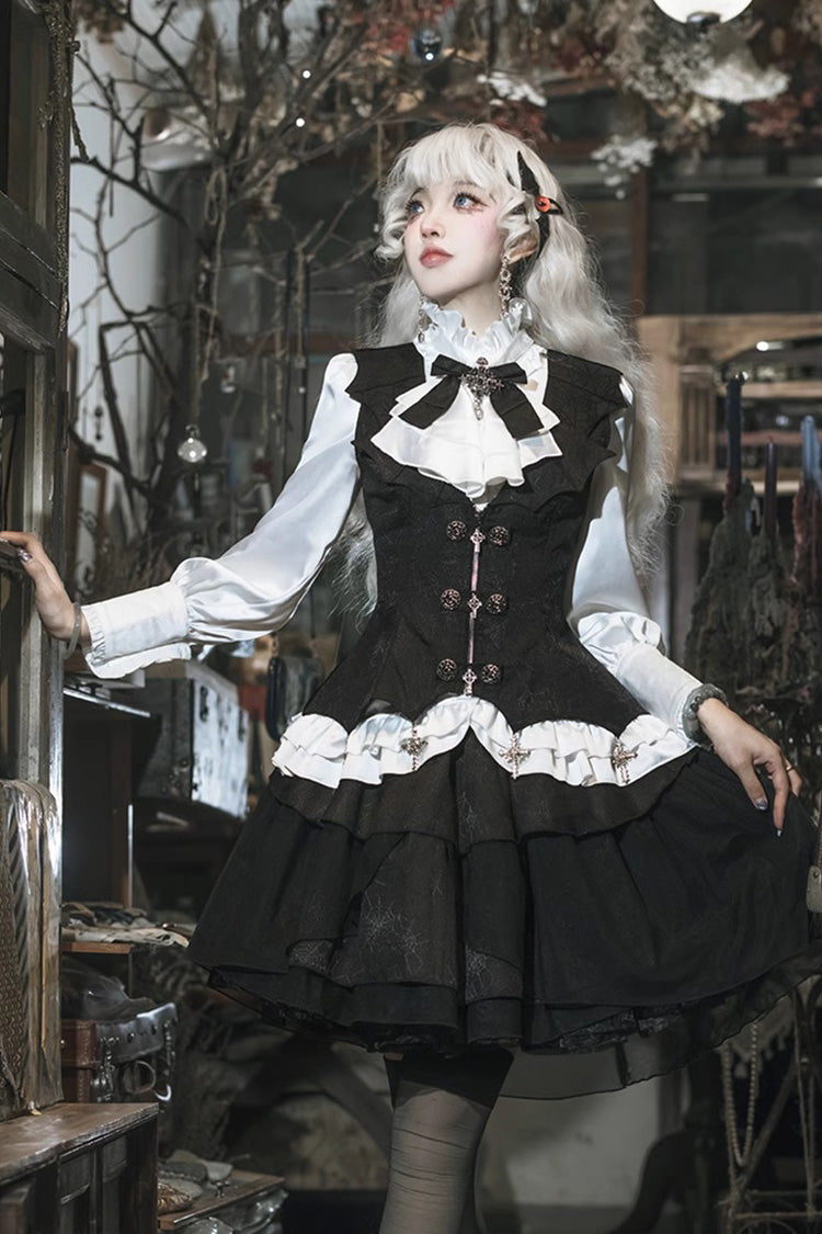 Black/White [The Duke of Blood] Multi-Layered Ruffle Bowknot Gothic Lolita Vest Skirt Set - Black/White - 1