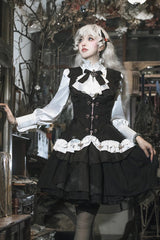 Black/White [The Duke of Blood] Multi-Layered Ruffle Bowknot Gothic Lolita Vest Skirt Set - Black/White - 1