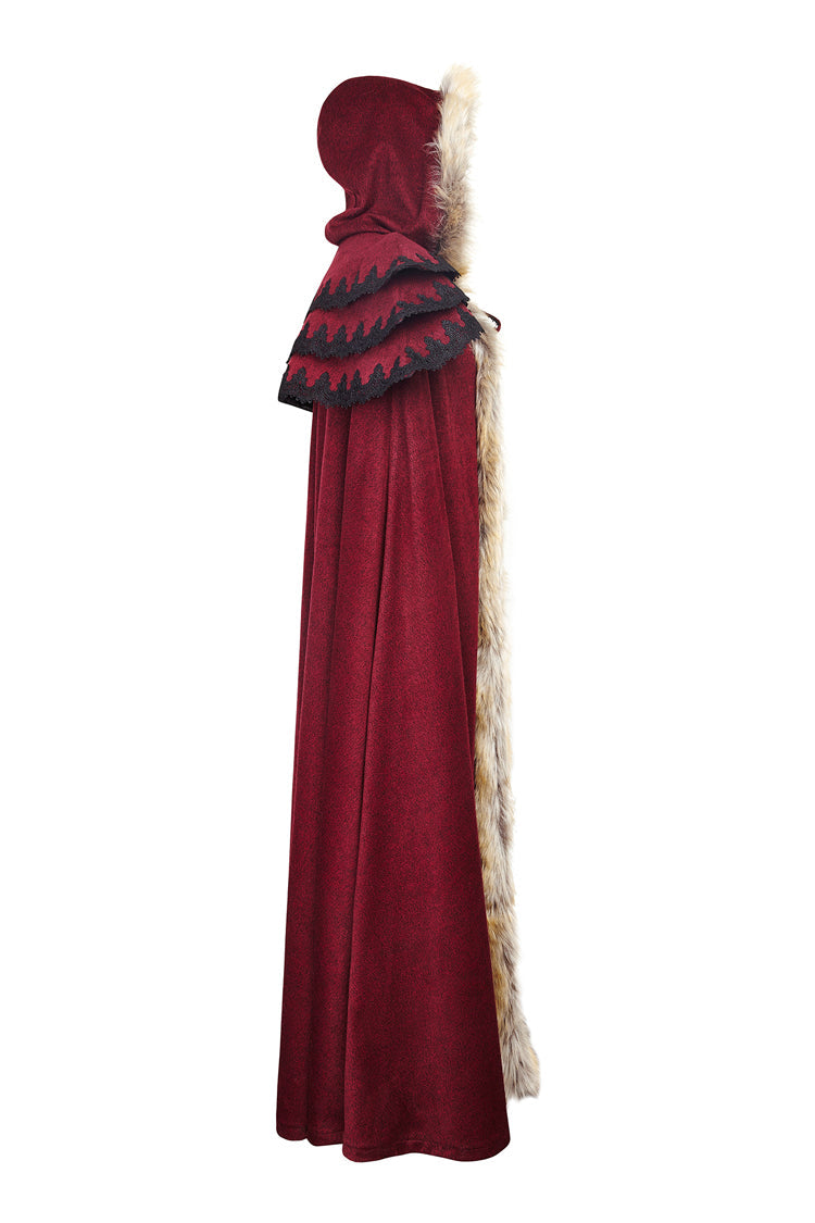 Red Hooded Fur Collar Wool Long Womens Gothic Coat Cloak - Product - 8