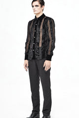 Black Striped Velvet Fold Mushroom Metal Buckles Long Sleeve Irregular Men's Gothic Shirt - Product - 7