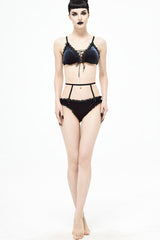 Black/Red Chest Lace-Up Velvet Women's Gothic Swimsuit Suit - Product - 4
