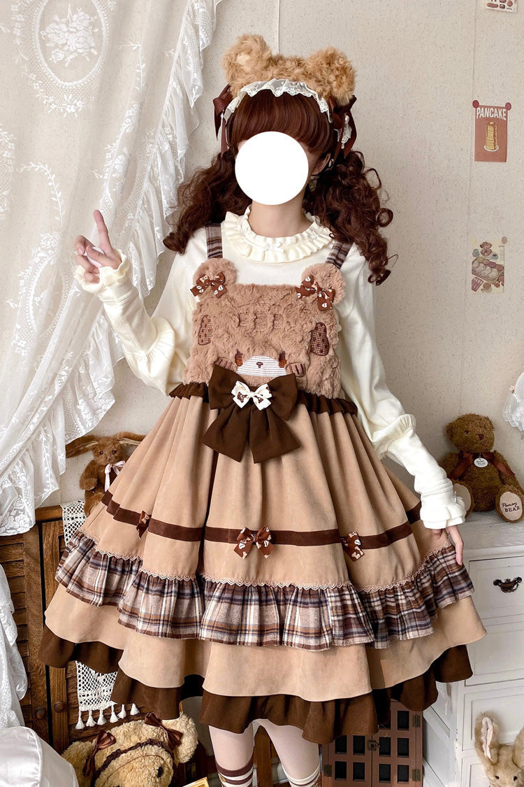Brown Bear Triple-Layered Ruffle Bowknot Sweet Lolita Strap Dress - Product - 4