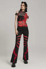 High Collar Hollow Stitching Tie-dyed Off-The-Shoulder Womens Steampunk T-Shirt 3 Colors - Product - 4