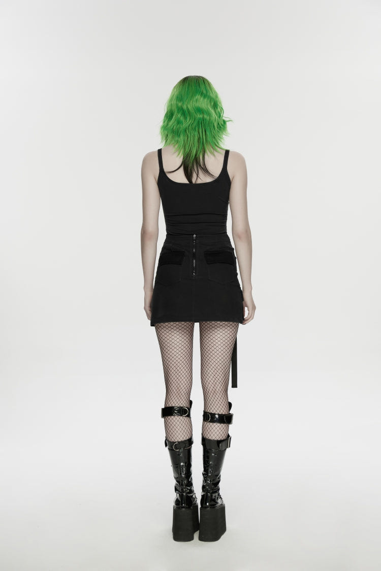 Black Lace-Up Slim Asymmetric Zippered Eyelet Women's Punk Handsome Skirt - Product - 3