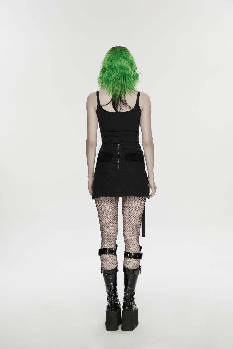 Black Lace-Up Slim Asymmetric Zippered Eyelet Women's Punk Handsome Skirt - Product - 3