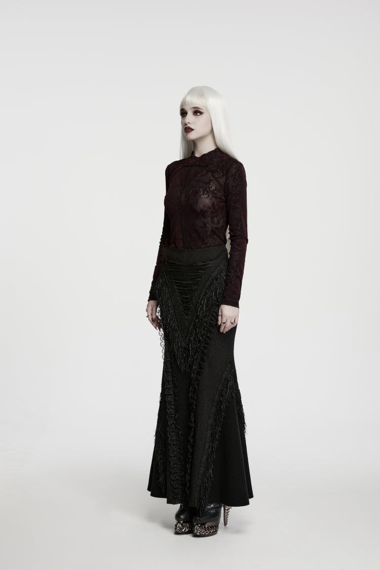 Red High Collar Long Sleeves Rose Jacquard Lace Slim Fit Women's Gothic Luxurious Top - Product - 2