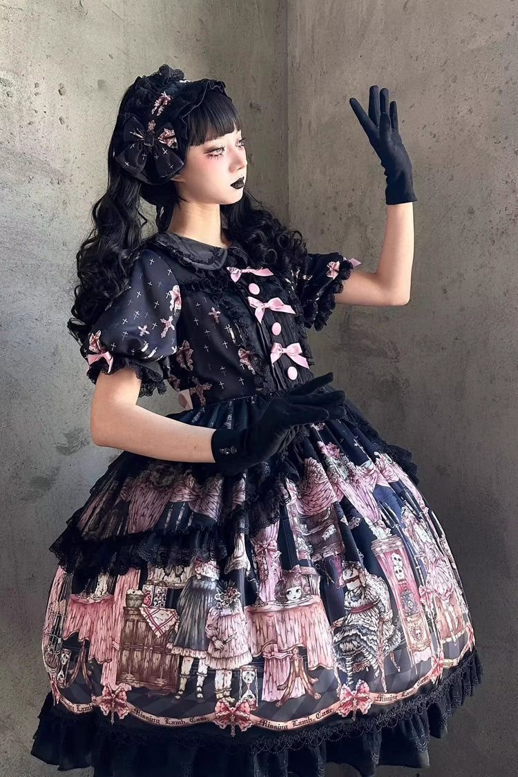 Black [The Case of the Missing Lamb] Print Long Sleeves Ruffle Bowknot Lace Gothic Lolita Dress - Product - 13