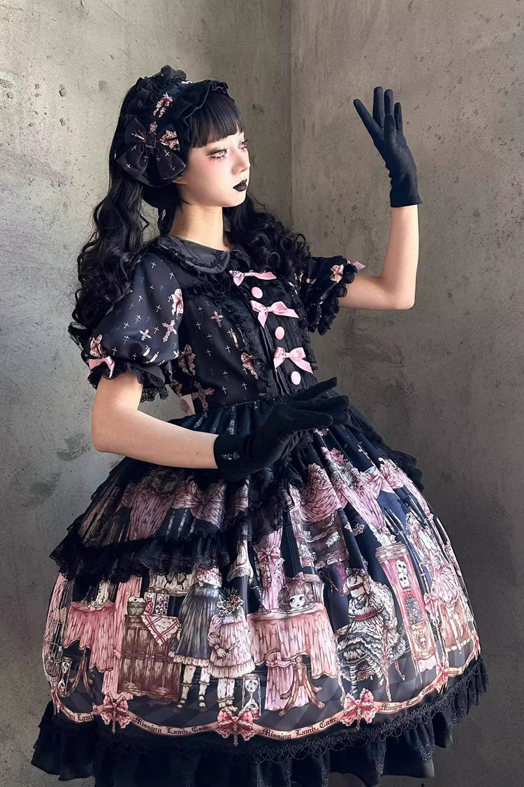 Black [The Case of the Missing Lamb] Print Long Sleeves Ruffle Bowknot Lace Gothic Lolita Dress - Product - 13