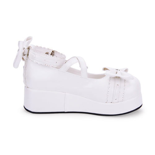 Cute Round Toe Shallow Mouth Bowknot Middle Heels Lolita Shoes - Product - 8