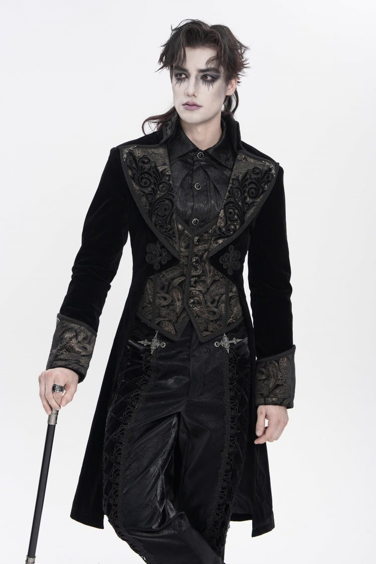 Black Lapel Collar Long Sleeves Jacquard Embroidered Slim Color-Blocked Men's Gothic Jacket - Product - 7