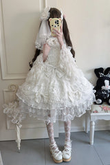 White [Sweetheart] Sleeveless Multi-Layered Embroidered Bow Lace Lace-Up Sweet Lolita Jsk Dress - White - 1