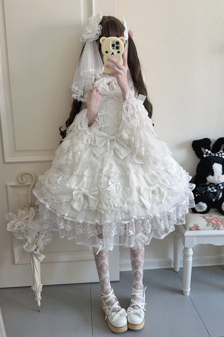 White [Sweetheart] Sleeveless Multi-Layered Embroidered Bow Lace Lace-Up Sweet Lolita Jsk Dress - White - 1