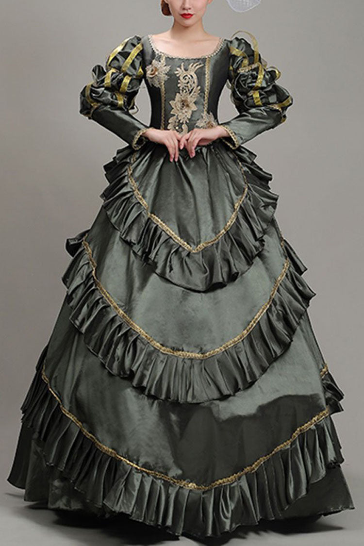 Dark Gray Court Style High Waisted Long Sleeves Floral Print Multi-Layer Victorian Lolita Prom Dress - Dark Gray - 1