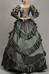 Dark Gray Court Style High Waisted Long Sleeves Floral Print Multi-Layer Victorian Lolita Prom Dress - Dark Gray - 1