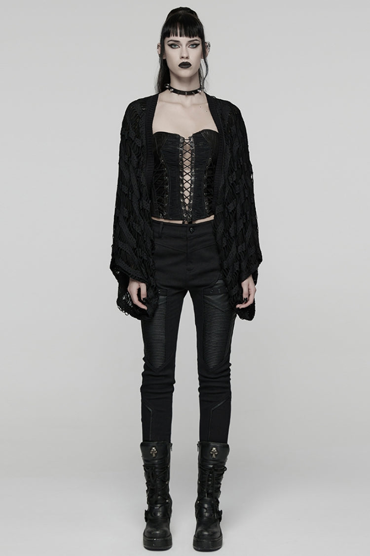 Black Long Batwing Sleeves Ripped Women's Punk Cardigan - Product - 4
