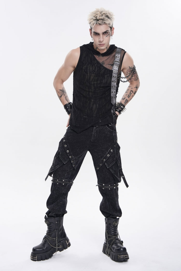 Black Hooded Sheer Asymmetric Chain-Decorated Men's Punk Hooded Vest - Product - 10