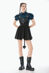 Blue Pinstripe Point Collar Short Puff Sleeves Women's Gothic Blouse with Detachable Bat Bow Tie - Product - 12