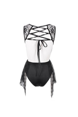 Black Lace Stitching Back Cross Strap Lace Up Women's Gothic One Piece Swimsuit - Product - 8