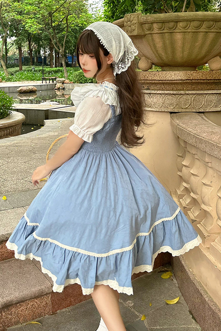 Blue Print Ruffle Stitching Lace Sweet Lolita Strap Dress Set - Product - 4