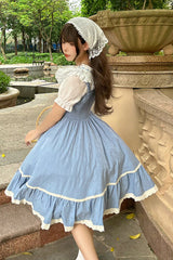 Blue Print Ruffle Stitching Lace Sweet Lolita Strap Dress Set - Product - 4
