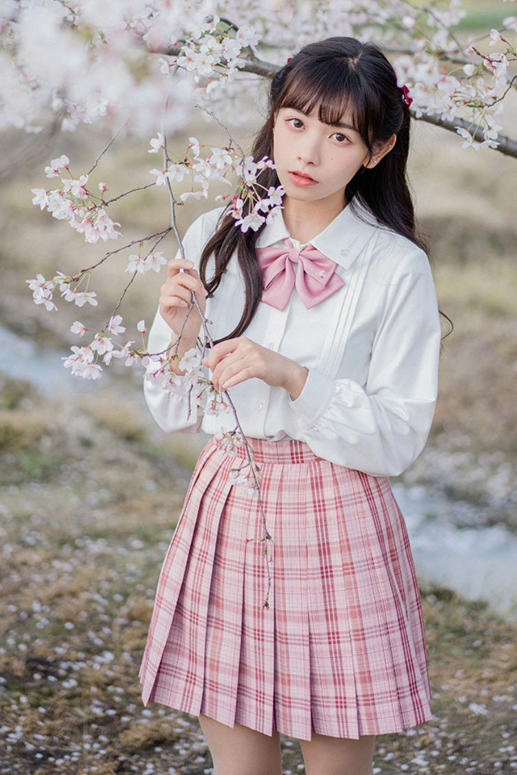 Pink College Style Plaid Stripe Print Sweet Japanese School Pleated Skirt - Product - 7