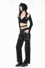 Black Women's Punk Big Pocket Cross Zippered Eyelet Cargo Pants - Product - 7