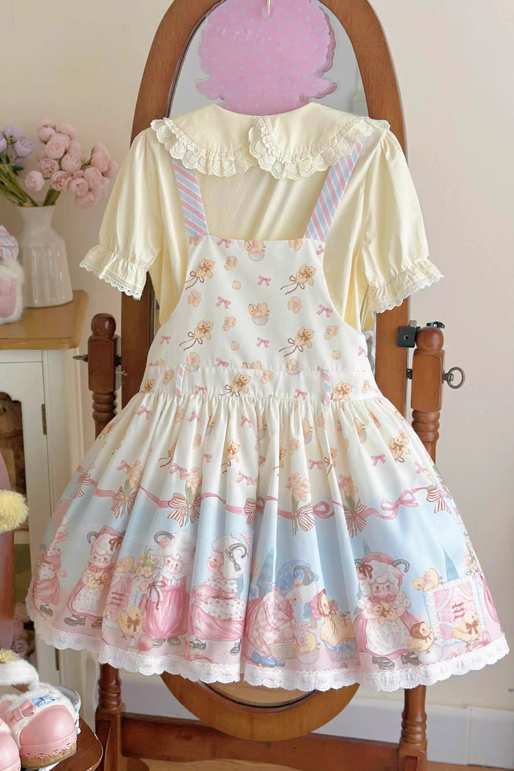 Blue/Pink Sheep Waltz Print Ruffle Bowknot Lace Sweet Lolita Strap Dress - Product - 5