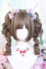 Short Roman Ringlet with Twin Pigtails Sweet Lolita Wig Set 3 Colors - Rose-Pinkish-Brown - 1