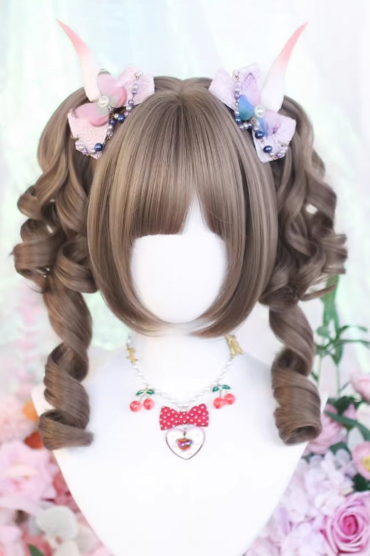 Short Roman Ringlet with Twin Pigtails Sweet Lolita Wig Set 3 Colors - Rose-Pinkish-Brown - 1