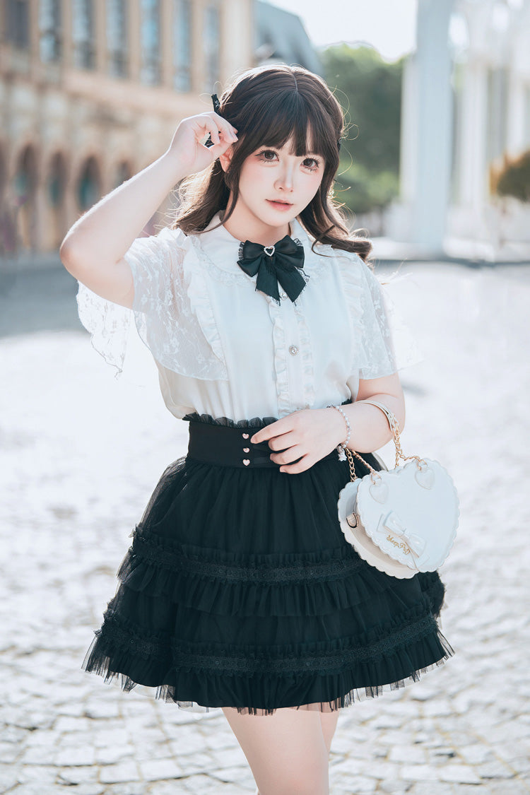 Black/White [Snow Velvet Bunny] Short Sleeves Double-Layered Ruffled Bow Lace Plus Size Japanese Sailor Collar Two-piece Set - Black/White(Set) - 1