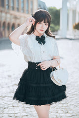 Black/White [Snow Velvet Bunny] Short Sleeves Double-Layered Ruffled Bow Lace Plus Size Japanese Sailor Collar Two-piece Set - Black/White(Set) - 1