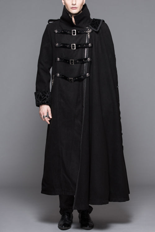 Black Detachable One Sided Shawl Double Sided Woollen Thick Mens Punk Long Coat - Black - 1
