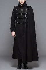 Black Detachable One Sided Shawl Double Sided Woollen Thick Mens Punk Long Coat - Black - 1