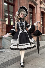 Black Square Collar Long Trumpet Sleeves Bow Lace Lace-Up Gothic Lolita Dress - Product - 5