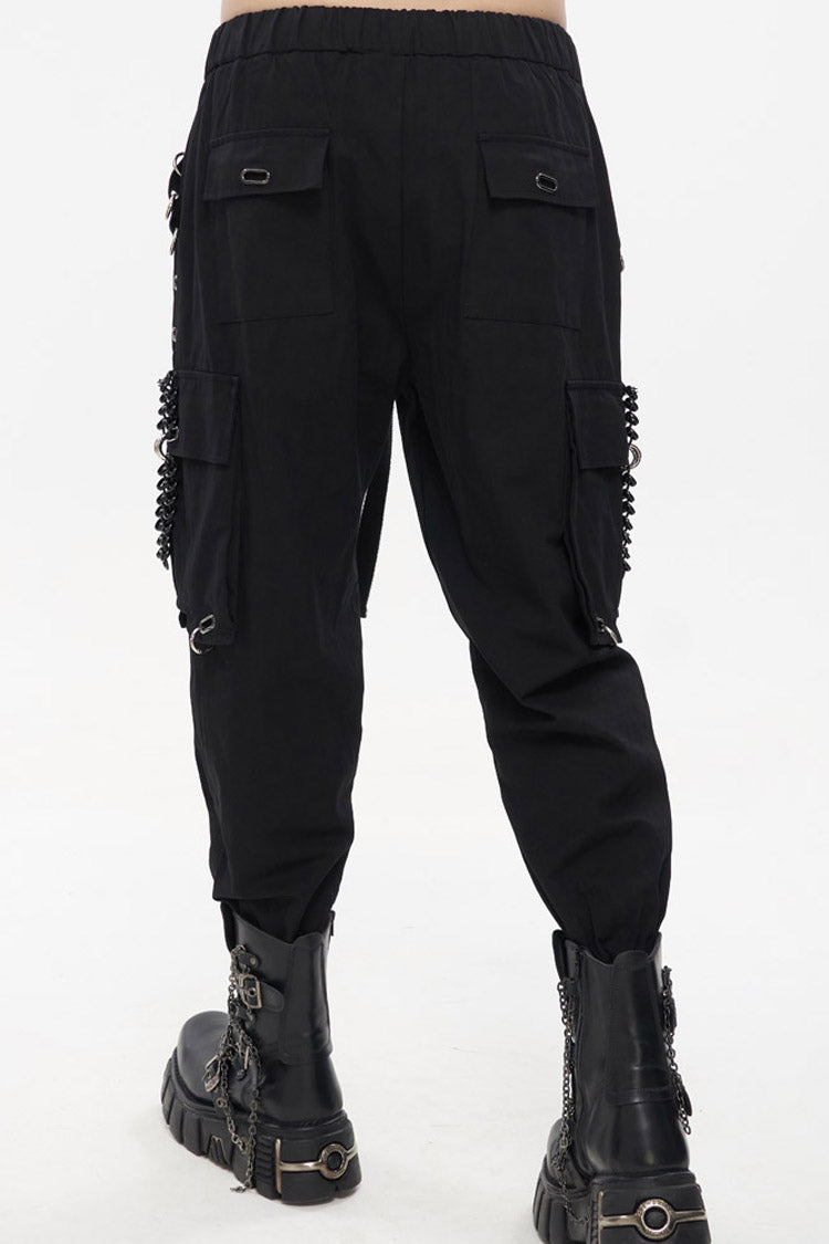 Black Punk Tatting Multi-Pocket Metal Chain Cargo Men's Pants - Product - 5