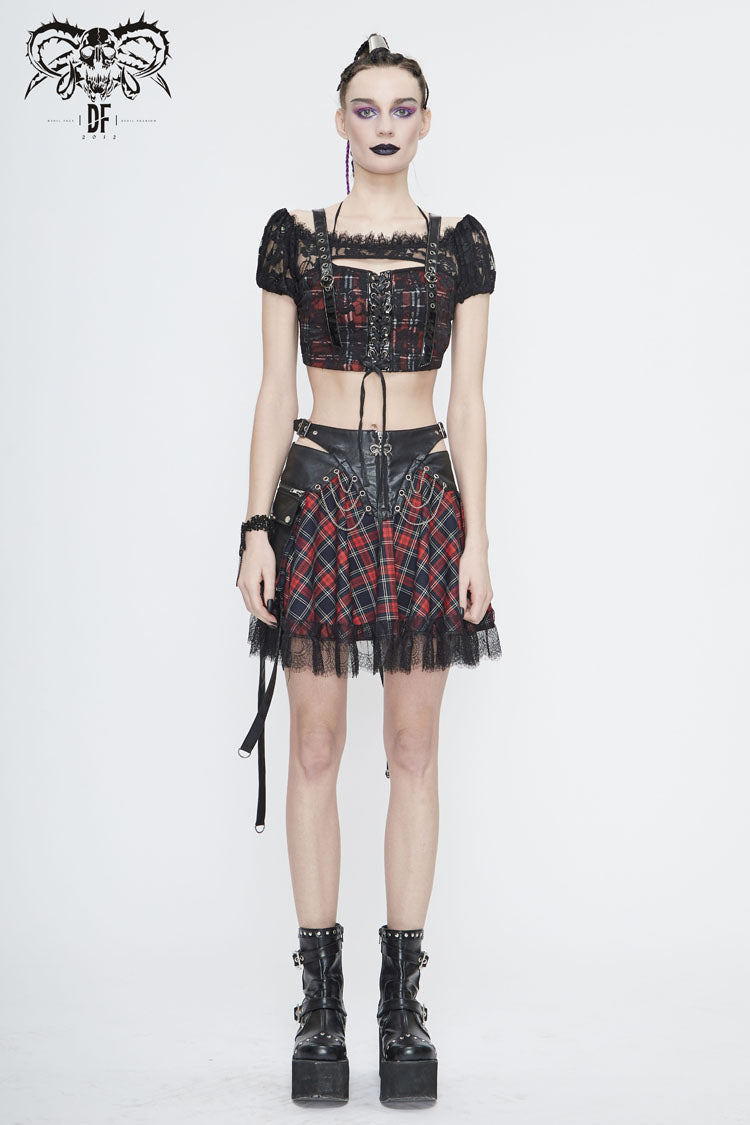 Black/Red Scottish Plaid Off Shoulder Bright Leather Straps Lace Up Lace Women's Punk T-Shirt - Product - 3