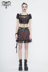Black/Red Scottish Plaid Off Shoulder Bright Leather Straps Lace Up Lace Women's Punk T-Shirt - Product - 3