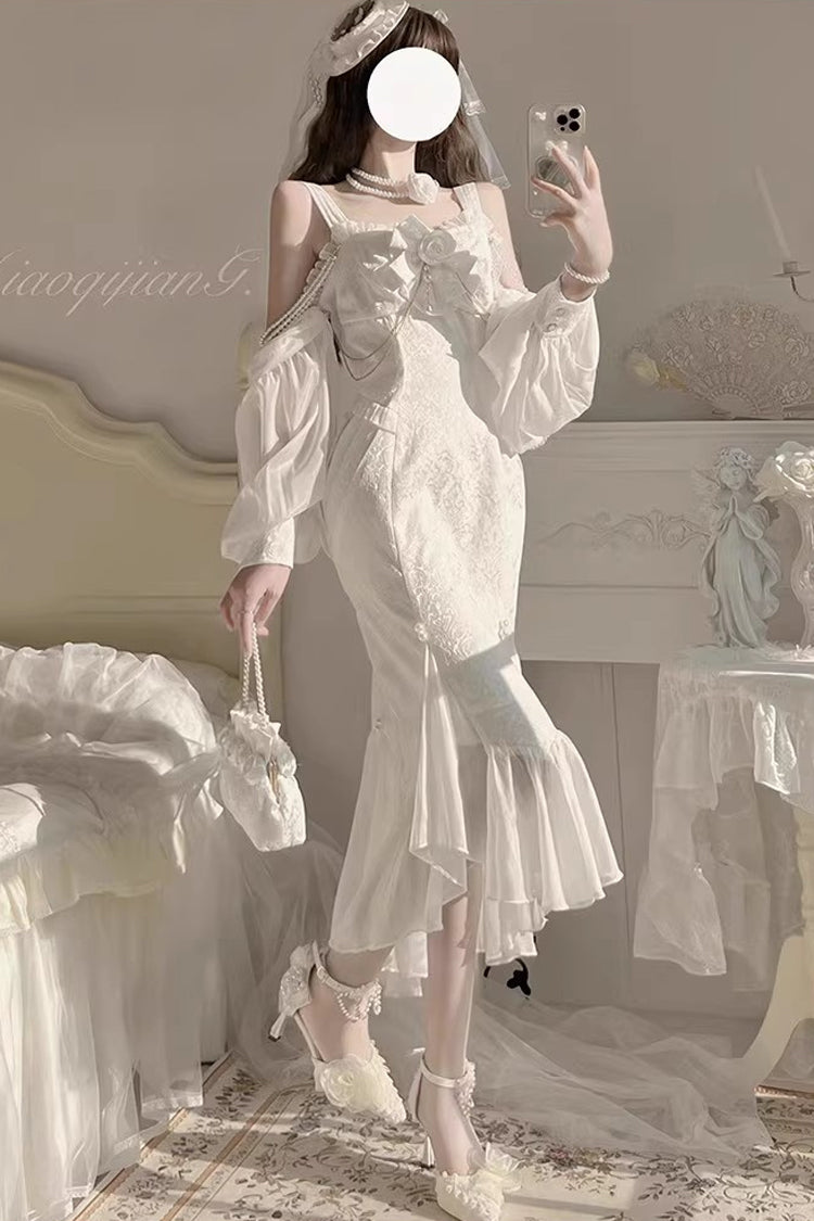 White [Camellia 1.0] Sleeveless Jacquard Ruffle Lace Sweet Chinese Style Lolita Jsk Fishtail Dress - Product - 10