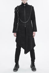 Black Stand Collar Asymmetric Hem Matching Shoulder Strap Long Men's Gothic Coat - Black - 1