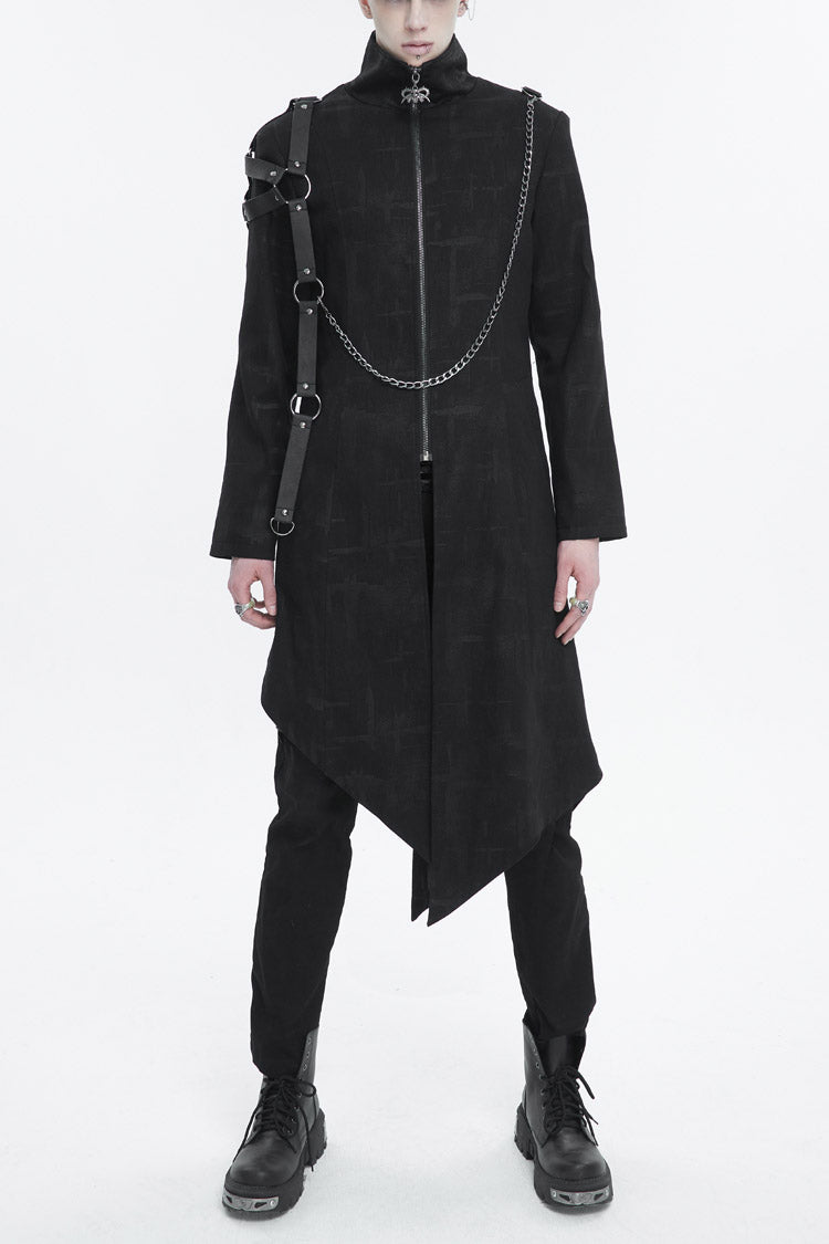Black Stand Collar Asymmetric Hem Matching Shoulder Strap Long Men's Gothic Coat - Black - 1