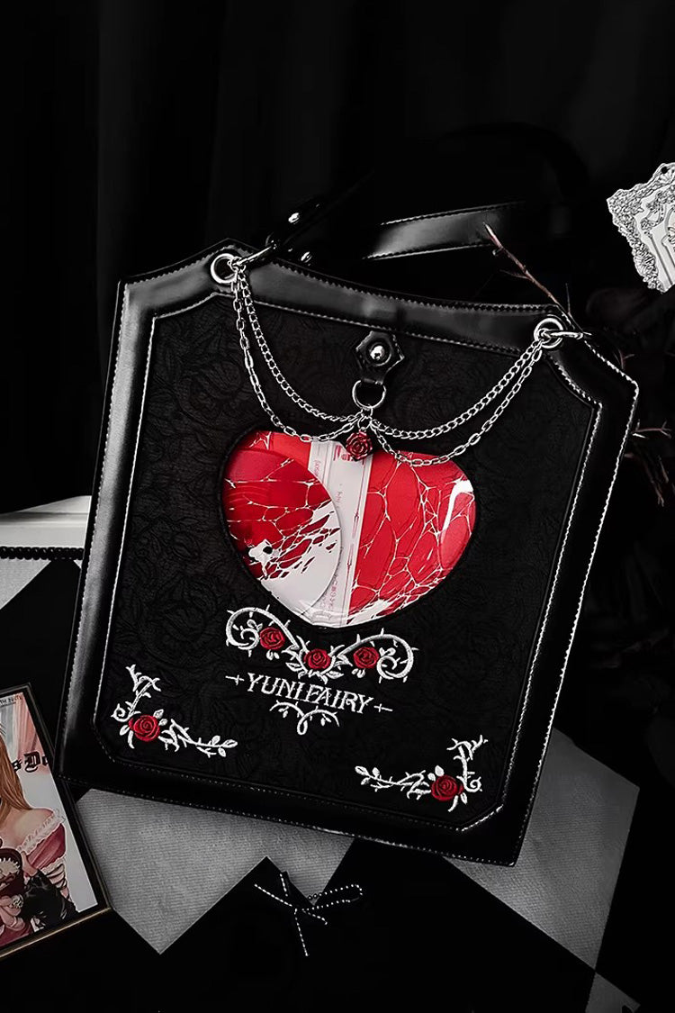 Black [Rose Thorns] Cut-Out Embroidered Chain-Decorated Gothic Lolita Itabag - Black - 1
